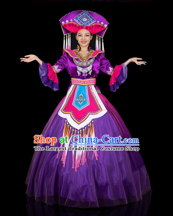 Chinese Traditional Zhuang Nationality Deep Purple Dress Ethnic Folk Dance Stage Show Liu Sanjie Costume for Women