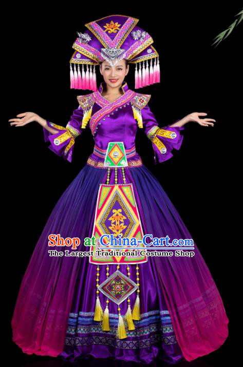 Chinese Traditional Zhuang Nationality Purple Dress Ethnic Folk Dance Stage Show Liu Sanjie Costume for Women