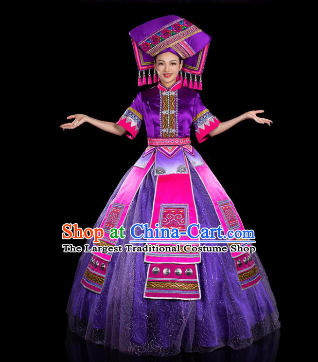 Chinese Traditional Zhuang Nationality Big Swing Purple Dress Ethnic Folk Dance Stage Show Liu Sanjie Costume for Women