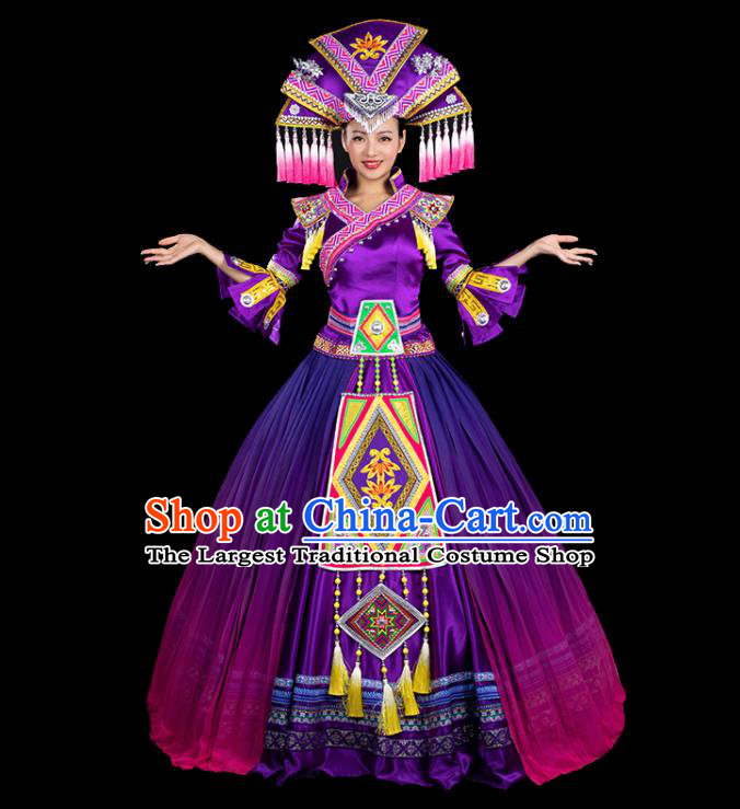 Chinese Traditional Zhuang Nationality Mandarin Sleeve Deep Purple Dress Ethnic Folk Dance Stage Show Liu Sanjie Costume for Women