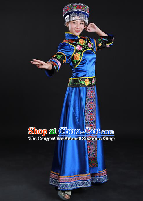 Chinese Traditional Yao Nationality Royalblue Dress Ethnic Folk Dance Stage Show Costume for Women