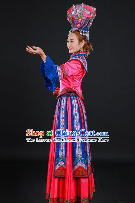 Chinese Traditional Zhuang Nationality Rosy Dress Ethnic Folk Dance Stage Show Costume for Women