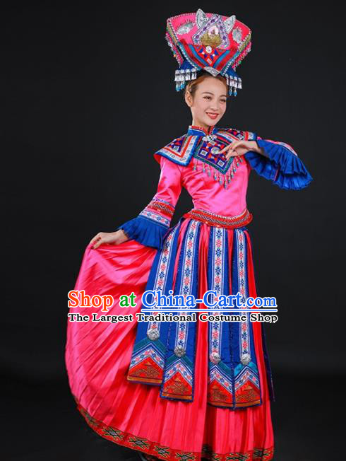 Chinese Traditional Zhuang Nationality Rosy Dress Ethnic Folk Dance Stage Show Costume for Women