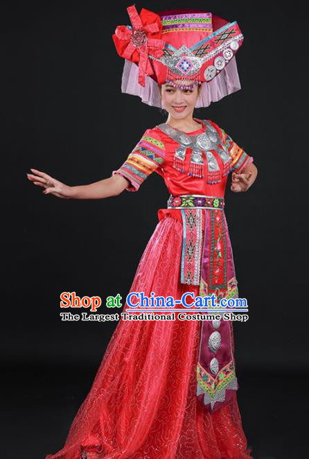 Chinese Traditional Zhuang Nationality Red Dress Ethnic Folk Dance Stage Show Costume for Women