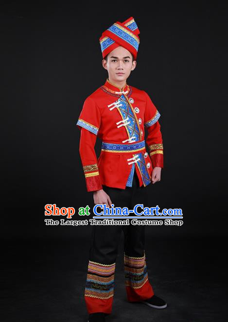 Chinese Traditional Zhuang Nationality Red Outfits Ethnic Minority Folk Dance Stage Show Costume for Men