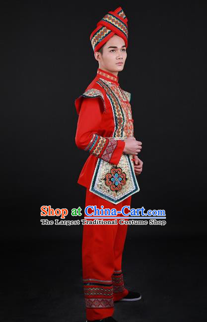 Chinese Traditional Zhuang Nationality Festival Red Outfits Ethnic Minority Folk Dance Stage Show Costume for Men