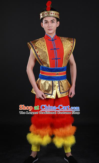 Chinese Traditional Yao Nationality Festival Drum Dance Red Outfits Ethnic Minority Folk Dance Stage Show Costume for Men