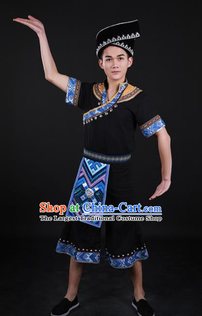 Chinese Traditional Zhuang Nationality Festival Black Outfits Ethnic Minority Folk Dance Stage Show Costume for Men