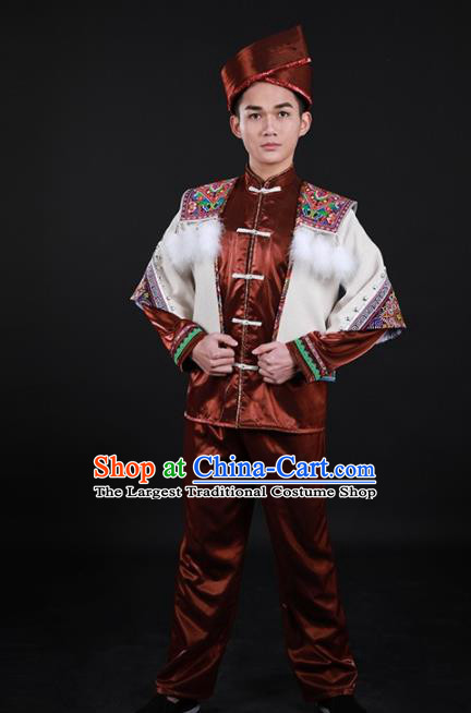 Chinese Traditional Miao Nationality Festival Brown Outfits Ethnic Minority Folk Dance Stage Show Costume for Men