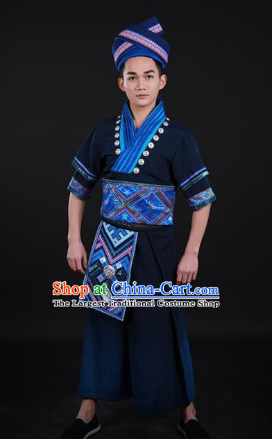 Chinese Traditional Zhuang Nationality Festival Navy Outfits Ethnic Minority Folk Dance Stage Show Costume for Men
