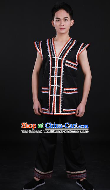 Chinese Traditional Lahu Nationality Festival Black Outfits Ethnic Minority Folk Dance Stage Show Costume for Men