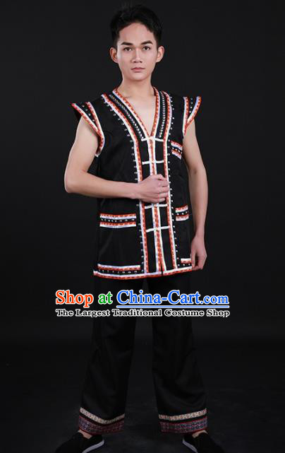 Chinese Traditional Lahu Nationality Festival Black Outfits Ethnic Minority Folk Dance Stage Show Costume for Men
