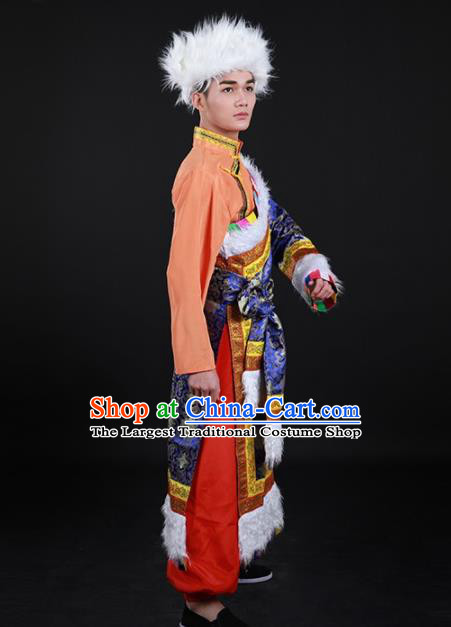 Chinese Traditional Zang Nationality Festival Royalblue Outfits Ethnic Minority Folk Dance Stage Show Costume for Men