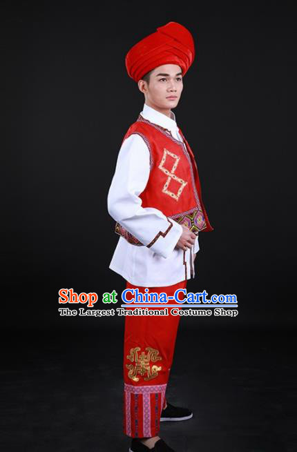 Chinese Traditional Li Nationality Festival Red Outfits Ethnic Minority Folk Dance Stage Show Costume for Men