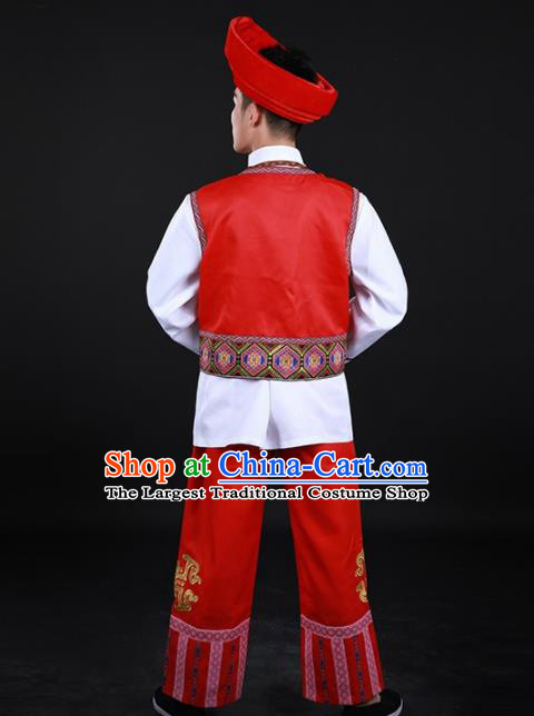 Chinese Traditional Li Nationality Festival Red Outfits Ethnic Minority Folk Dance Stage Show Costume for Men