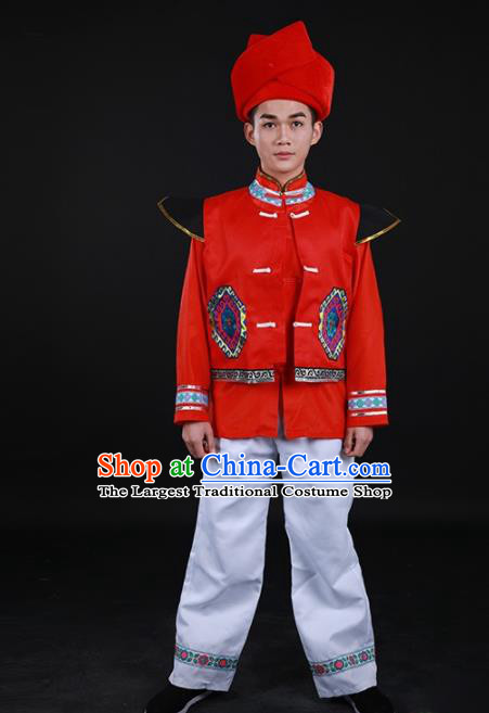 Chinese Traditional Buyei Nationality Festival Red Outfits Ethnic Minority Folk Dance Stage Show Costume for Men