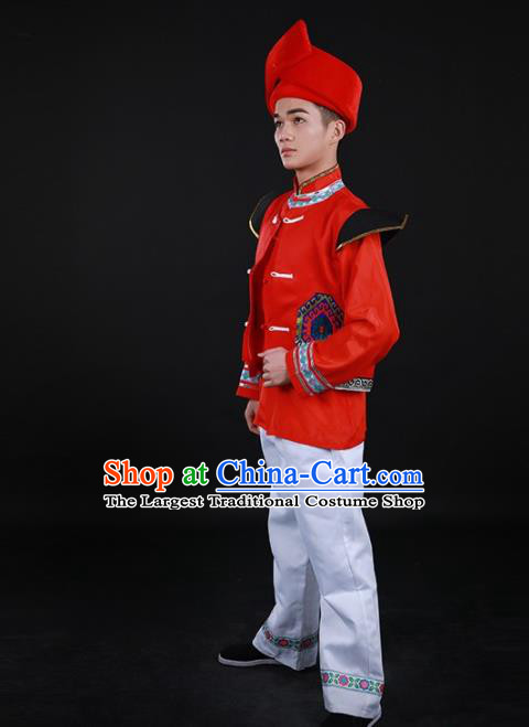 Chinese Traditional Buyei Nationality Festival Red Outfits Ethnic Minority Folk Dance Stage Show Costume for Men