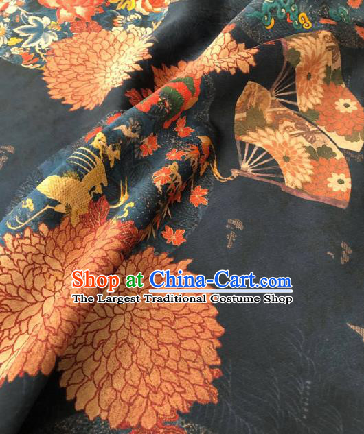 Asian Chinese Traditional Chrysanthemum Peony Pattern Design Navy Gambiered Guangdong Gauze Fabric Silk Material