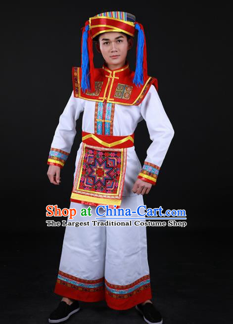 Chinese Traditional Hani Nationality Festival White Outfits Ethnic Minority Folk Dance Stage Show Costume for Men