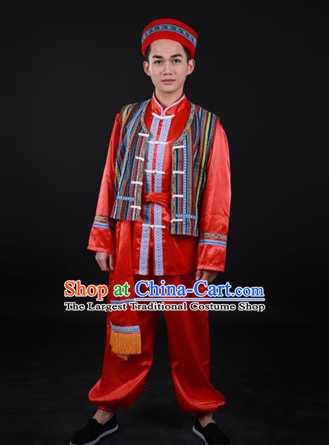 Chinese Traditional Nu Nationality Festival Red Outfits Ethnic Minority Folk Dance Stage Show Costume for Men