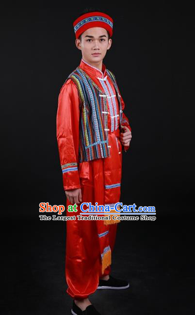 Chinese Traditional Nu Nationality Festival Red Outfits Ethnic Minority Folk Dance Stage Show Costume for Men