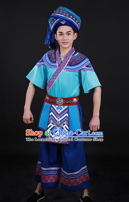 Chinese Traditional Yao Nationality Blue Outfits Ethnic Minority Folk Dance Stage Show Costume for Men