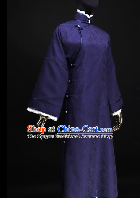 Chinese Traditional Deep Blue Silk Cheongsam Costume Republic of China Mandarin Qipao Dress for Women