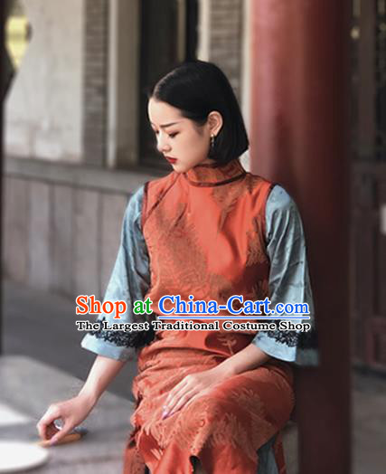 Chinese Traditional Orange Silk Cheongsam Costume Republic of China Mandarin Qipao Dress for Women