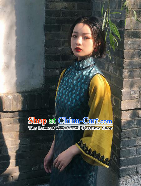 Chinese Traditional Navy Silk Cheongsam Costume Republic of China Mandarin Qipao Dress for Women