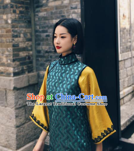 Chinese Traditional Navy Silk Cheongsam Costume Republic of China Mandarin Qipao Dress for Women