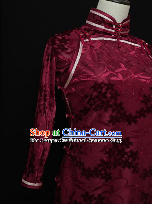Chinese Traditional Wine Red Velvet Cheongsam Costume Republic of China Mandarin Qipao Dress for Women