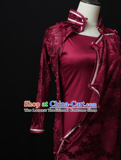 Chinese Traditional Wine Red Velvet Cheongsam Costume Republic of China Mandarin Qipao Dress for Women
