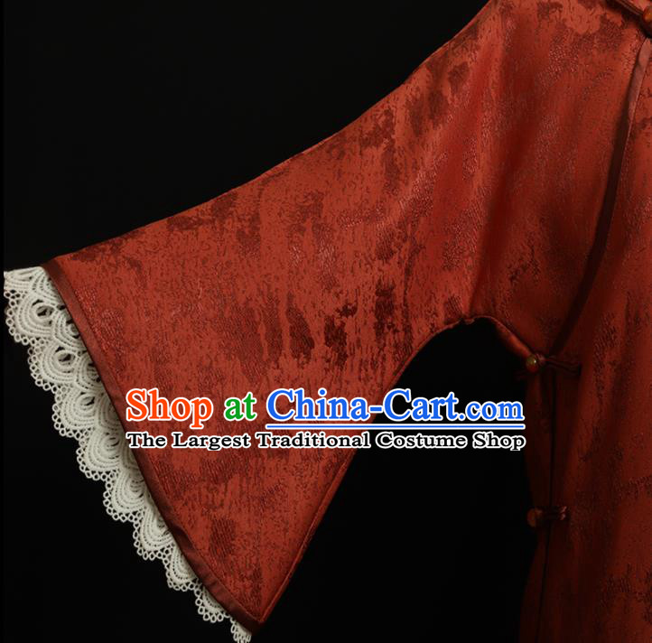 Chinese Traditional Rust Red Cheongsam Costume Republic of China Mandarin Qipao Dress for Women