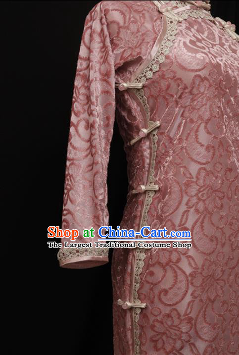 Chinese Traditional Deep Pink Velvet Cheongsam Costume Republic of China Mandarin Qipao Dress for Women