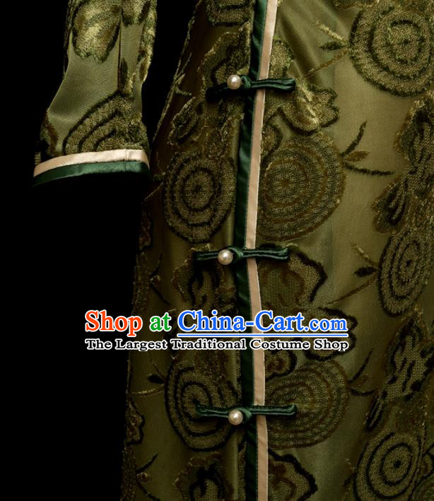 Chinese Traditional Olive Green Velvet Cheongsam Costume Republic of China Mandarin Qipao Dress for Women