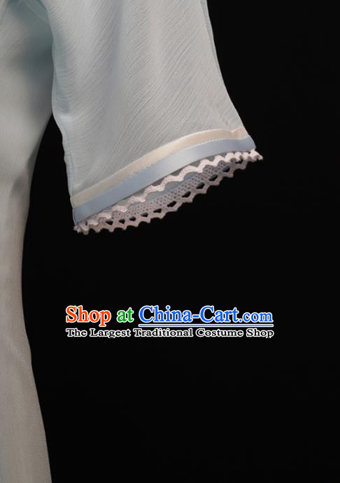 Chinese Traditional Light Blue Chiffon Cheongsam Costume Republic of China Mandarin Qipao Dress for Women