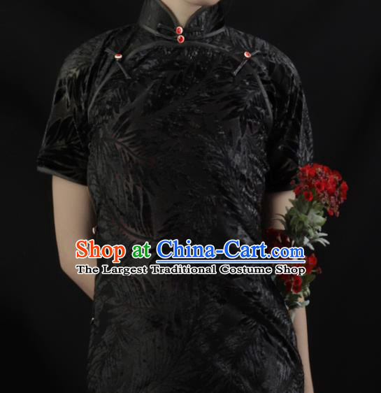 Chinese Traditional Black Velvet Cheongsam Costume Republic of China Mandarin Qipao Dress for Women