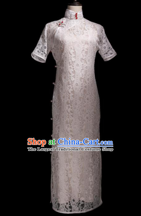 Chinese Traditional White Lace Cheongsam Costume Republic of China Mandarin Qipao Dress for Women