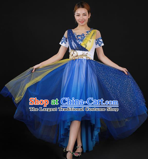 Chinese Spring Festival Gala Modern Dance Blue Dress Traditional Chorus Stage Show Costume for Women