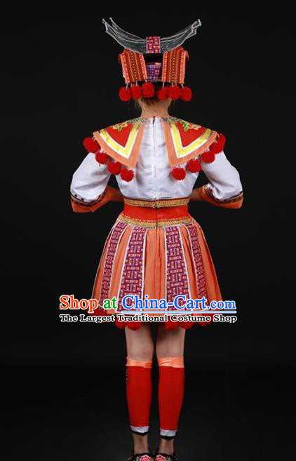 Chinese Traditional Yao Nationality White Blouse and Orange Short Skirt Ethnic Minority Folk Dance Stage Show Costume for Women