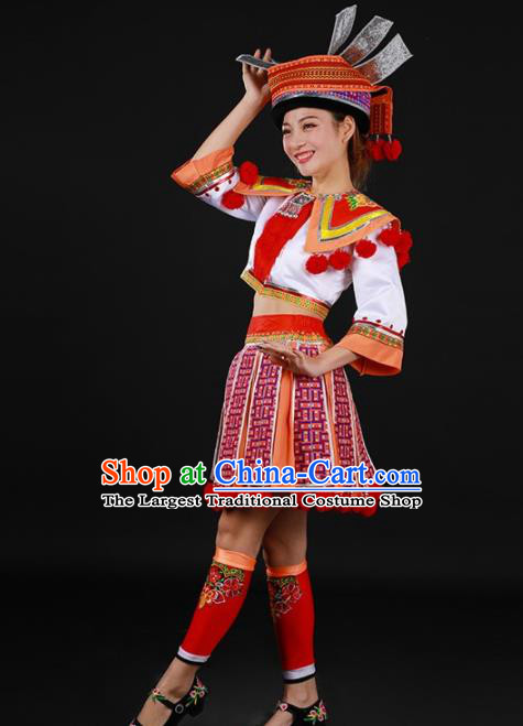 Chinese Traditional Yao Nationality White Blouse and Orange Short Skirt Ethnic Minority Folk Dance Stage Show Costume for Women