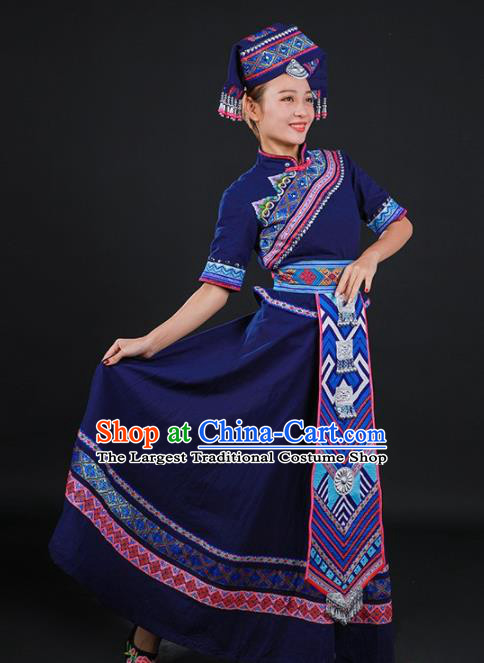 Chinese Traditional Zhuang Nationality Navy Long Dress Ethnic Minority Folk Dance Stage Show Costume for Women