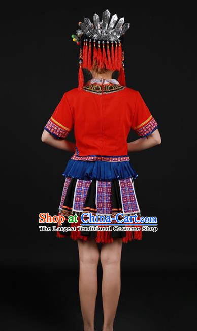 Chinese Traditional Yao Nationality Red Short Dress Ethnic Minority Folk Dance Stage Show Costume for Women