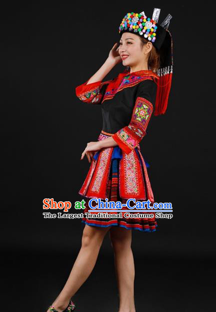 Chinese Traditional Yao Nationality Black Short Dress Ethnic Minority Folk Dance Stage Show Costume for Women