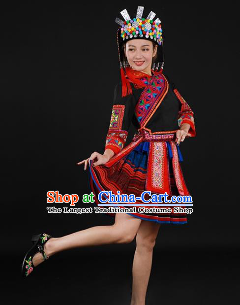 Chinese Traditional Yao Nationality Black Short Dress Ethnic Minority Folk Dance Stage Show Costume for Women