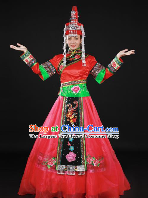 Chinese Traditional She Nationality Rosy Long Dress Ethnic Minority Folk Dance Stage Show Costume for Women