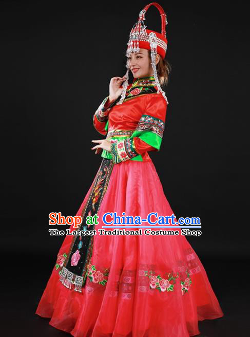 Chinese Traditional She Nationality Rosy Long Dress Ethnic Minority Folk Dance Stage Show Costume for Women