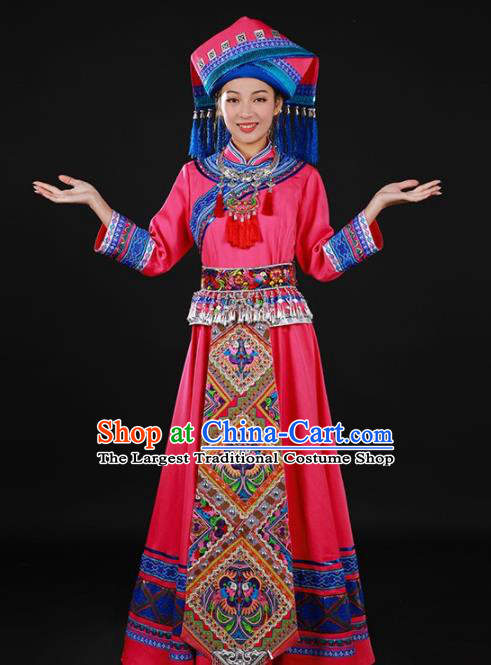 Chinese Traditional Zhuang Nationality Rosy Long Dress Ethnic Minority Folk Dance Stage Show Costume for Women