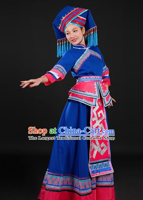 Chinese Traditional Zhuang Nationality Deep Blue Dress Ethnic Minority Folk Dance Stage Show Costume for Women