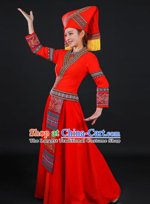 Chinese Traditional Zhuang Nationality Red Long Dress Ethnic Minority Folk Dance Stage Show Costume for Women